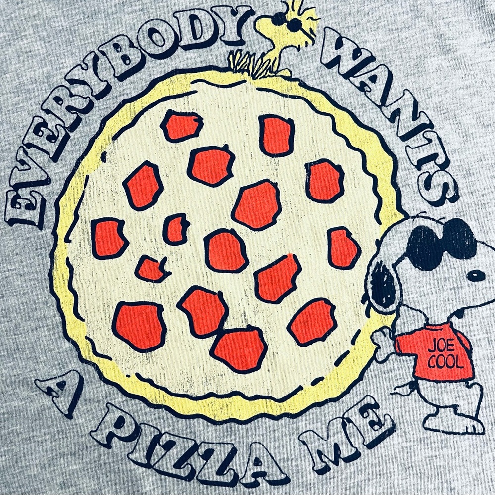 Snoopy, Woodstock & Pizza Fun Graphic Grey w Navy Trim Pullover Crew Peanuts Tee
